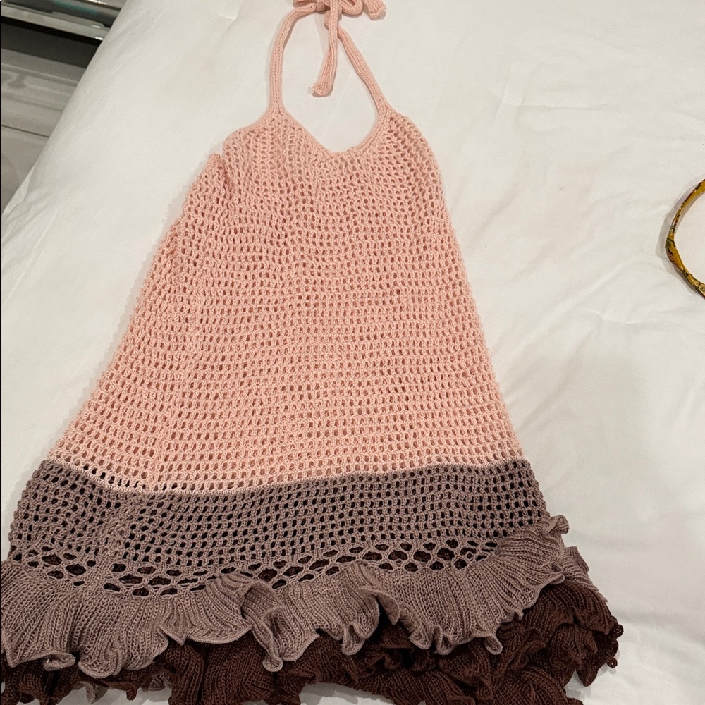 Halterneck Crochet Mini Dress - Pink and Brown